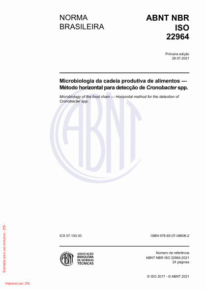 abnt nbr iso 22964-2021microbiology of the food chain — horizontal method for the detection of cronobacter spp.