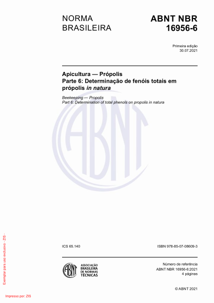abnt nbr 16956-6-2021beekeeping — propolis part 6: determination of total phenols on propolis in natura