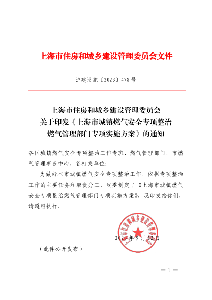 上海市城镇燃气安全专项整治燃气管理部门专项实施方案 沪建设施〔2023〕478号